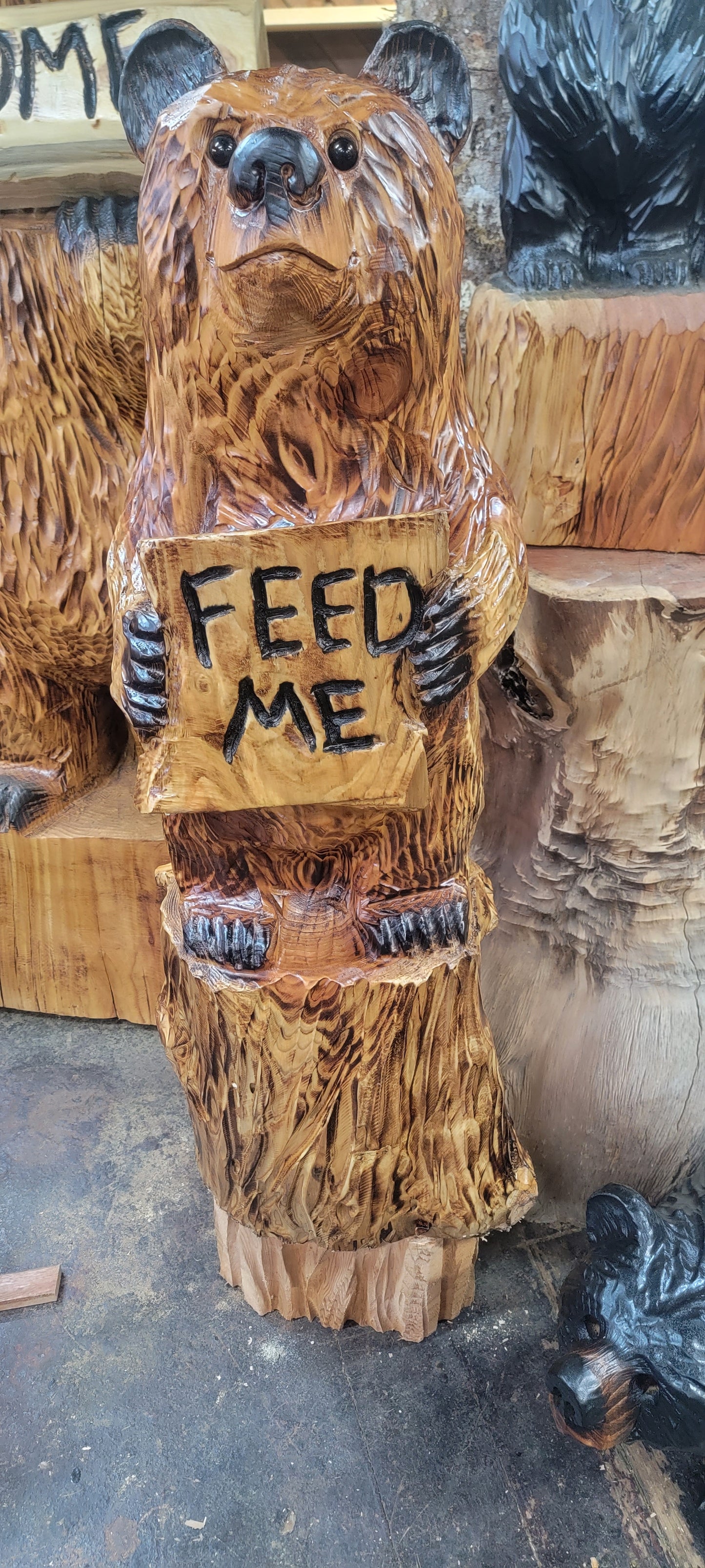 4Ft standing bear holding FEED ME sign
